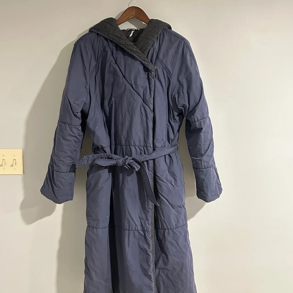 Free People Navy and Charcoal Hooded Poplin Blanket Coat